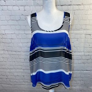 TORRID Tank Top Sheer Striped w Full Button Back Blue/Black/White-0X